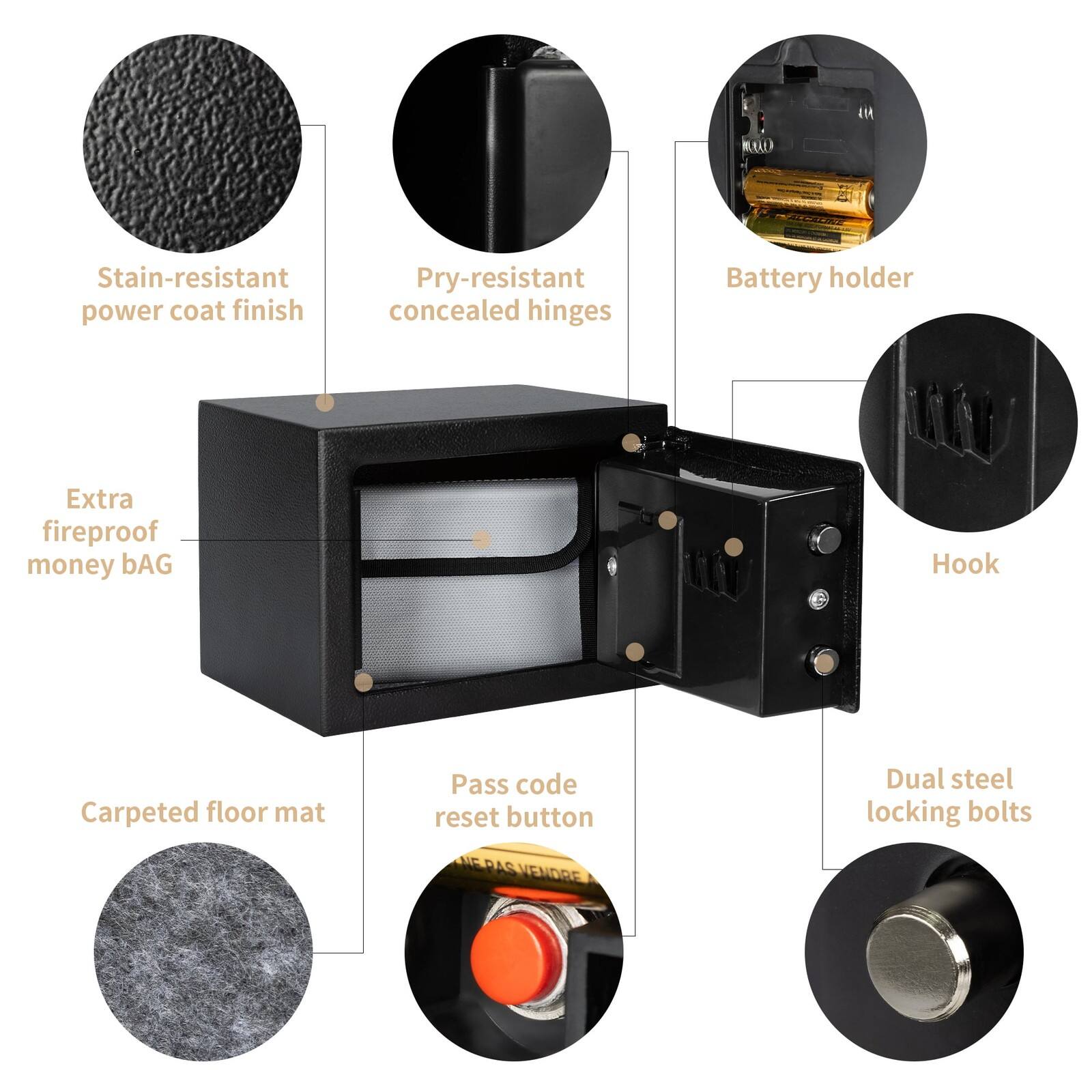 - Stain-resistant power coat finish
- Pry-resistant concealed hinges
- Battery holder
- Extra fireproof money bag
- Hook
- Carpeted floor mat
- Pass code reset button
- Dual steel locking bolts