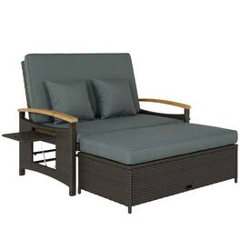 Outsunny - Outdoor Daybed w/4-Level Adjustable Backrest, Patio Sofa Bed w/Storage Ottoman, Acacia Wood Armrest - Mixed Gray
