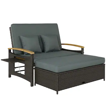 Front. Outsunny - Outdoor Daybed w/4-Level Adjustable Backrest, Patio Sofa Bed w/Storage Ottoman, Acacia Wood Armrest - Mixed Gray.
