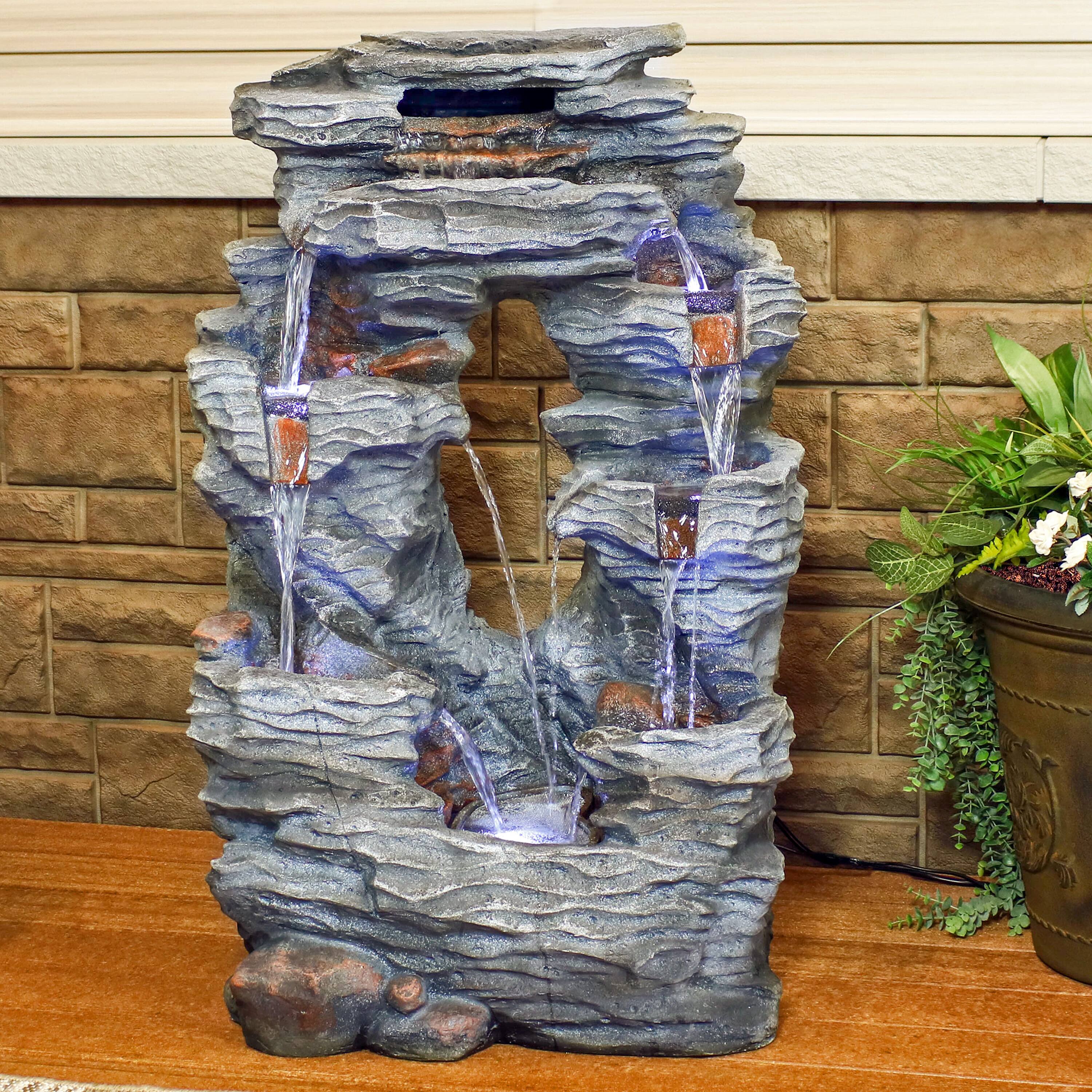 Alt View 4. Sunnydaze - Dual Cascading Rock Waterfall Fountain with LED Lights - 39 in - Grey.