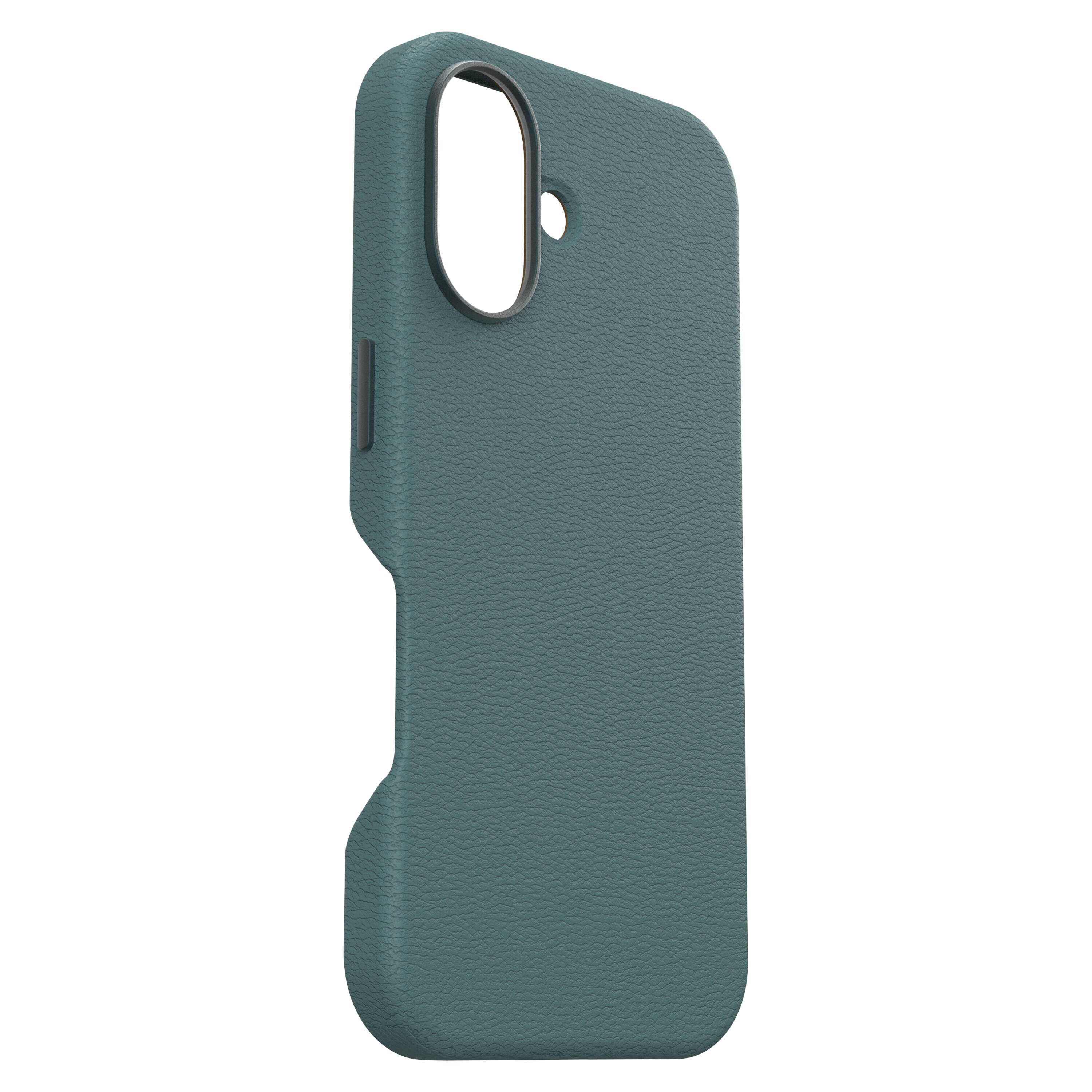 Left. OtterBox - Symmetry Cactus Leather Series Hard Shell for MagSafe for Apple iPhone 16 - Juniper Sprig.