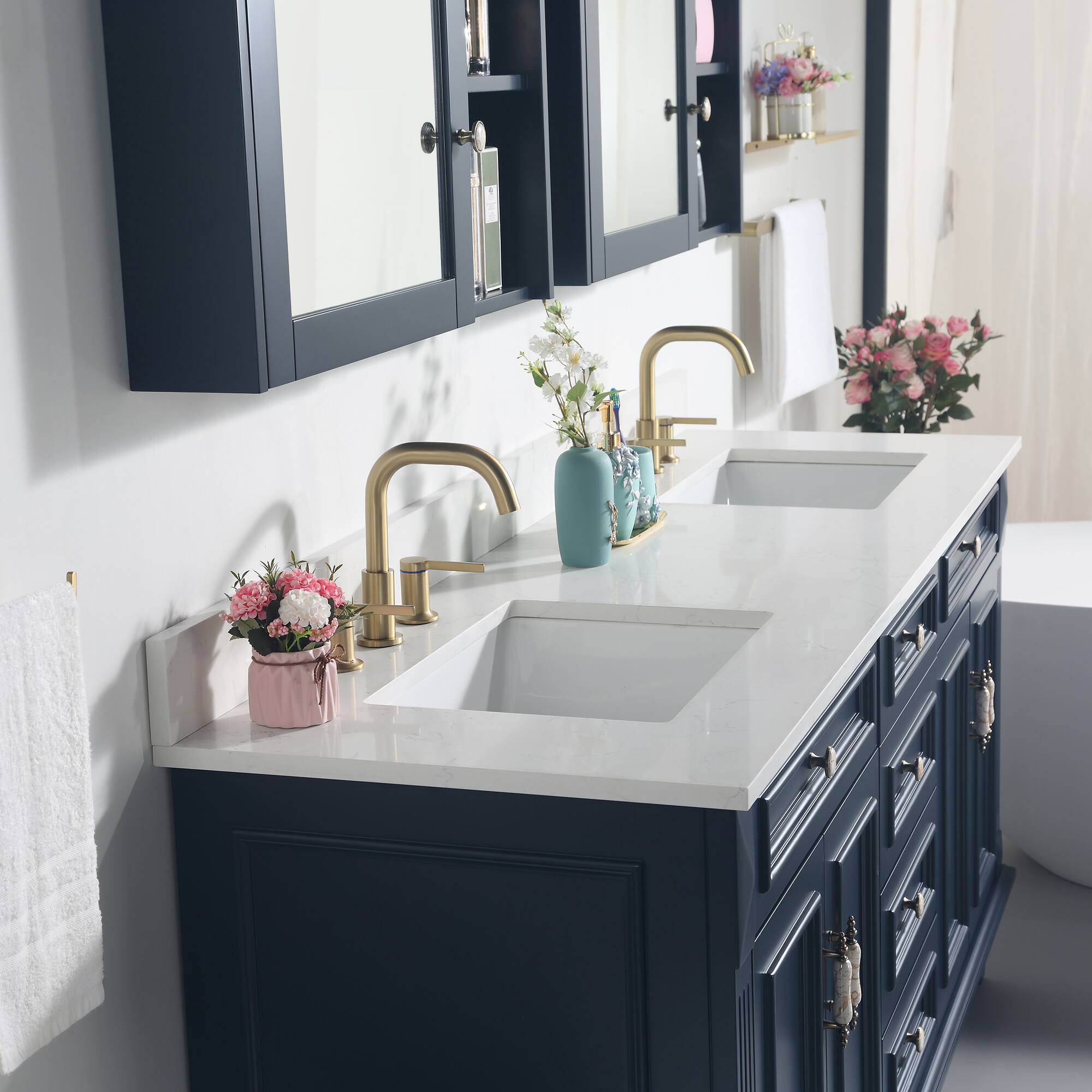 Alt View 1. WELLFOR - ARTWOOD 72 in. Solid Wood Bath Vanity with Quartz Top, Double Sink, Soft Close, Assembled - Navy Blue.