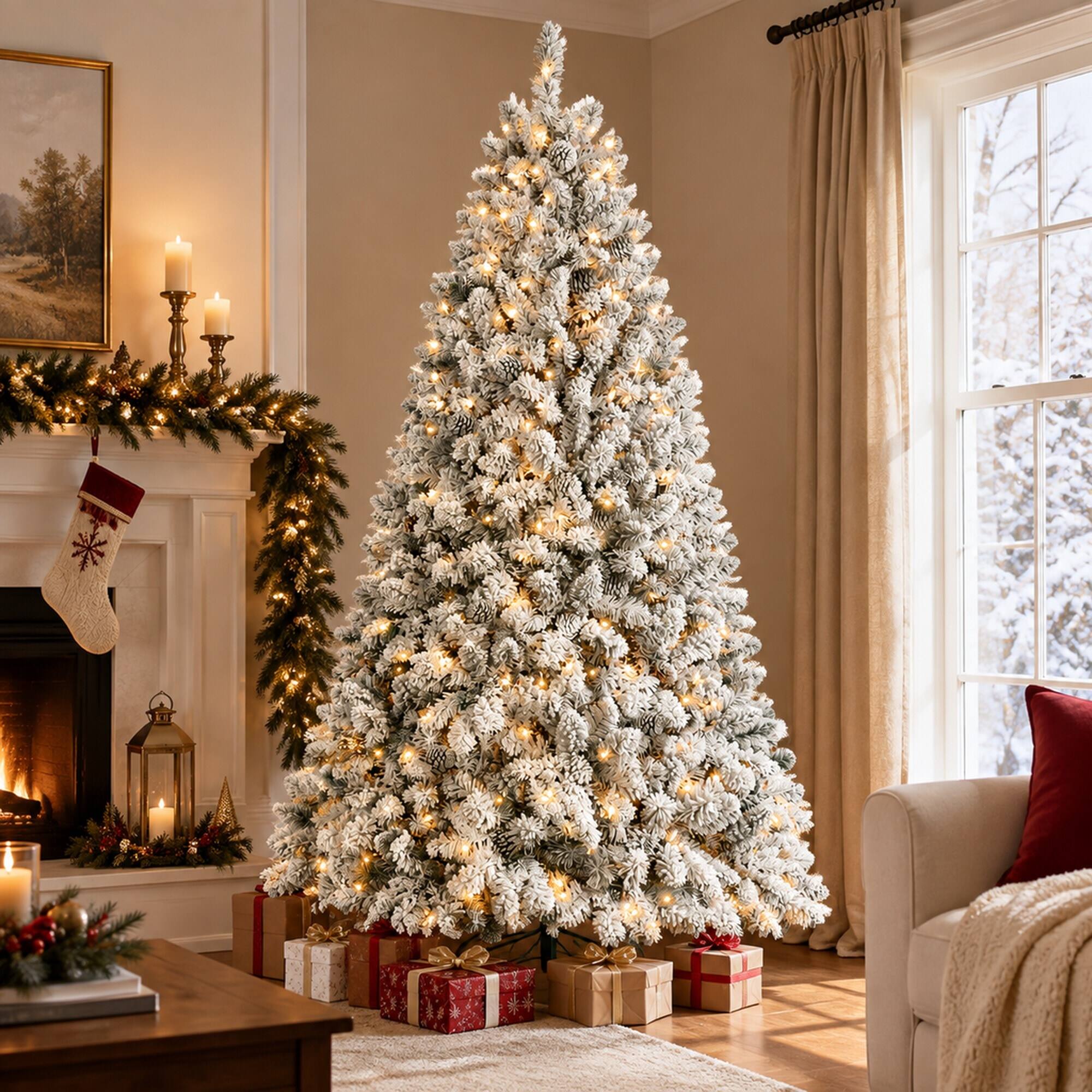 Left. RYHNUYNE - 9FT Flocked Pre-Lit Christmas Tree With 750 Lights and 63 Pine Cones, 2095 Snowy Tips and Metal Stand - Green,White.