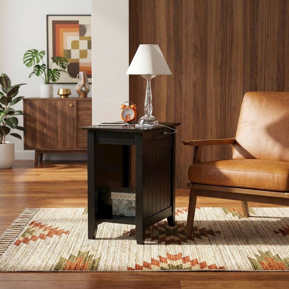 Back. FurniFact - Black end table with built-in charging station and spacious shelf - Black.