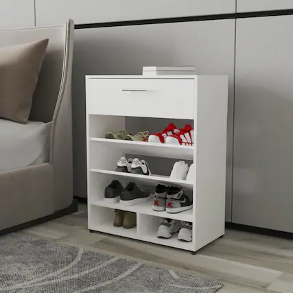 Front. APRILSOUL - Onawa Modern Shoe Rack with Drawer White - White.