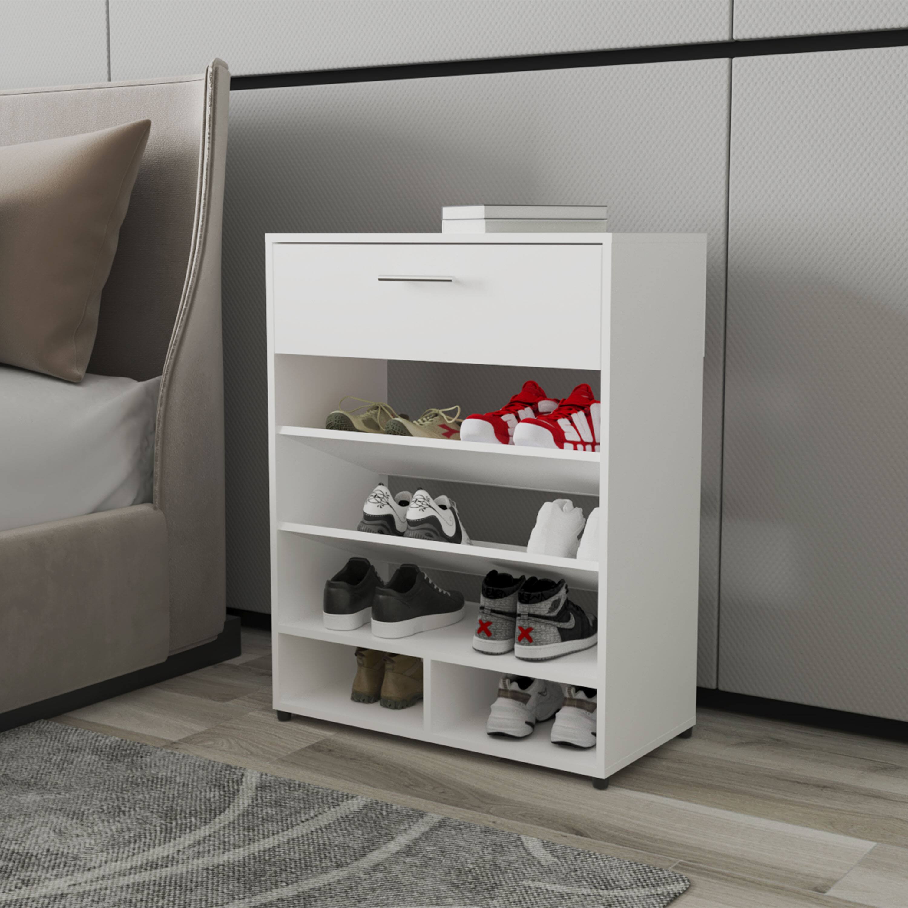 Front. APRILSOUL - Onawa Modern Shoe Rack with Drawer White - White.