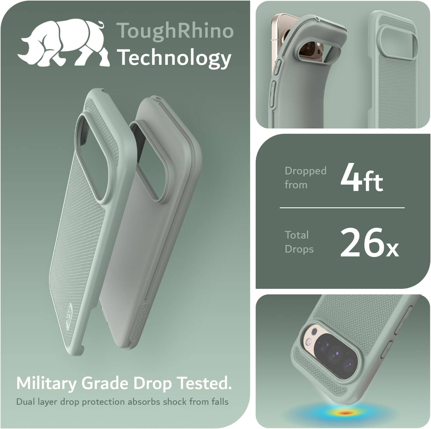 ToughRhino Technology

Dropped from 4ft

Total Drops 26x

Military Grade Drop Tested.
Dual layer drop protection absorbs shock from falls