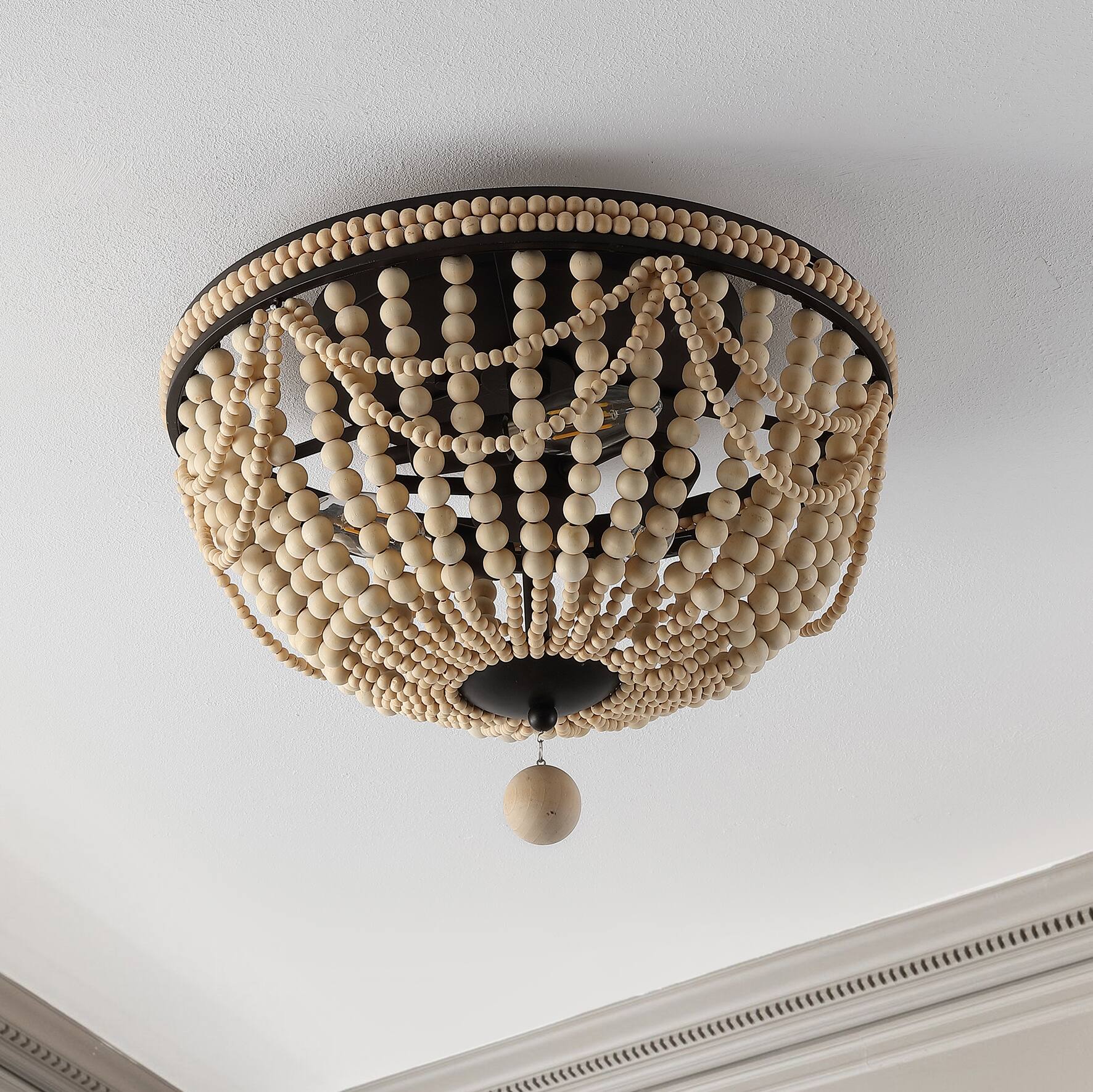 Alt View 5. Jonathan Y - Dune Wood Bead 15.25" 3-Light Bohemian Farmhouse Iron LED Semi Flush Mount, Oil Rubbed Bronze/Light Taupe - Oil Rubbed Bronze.