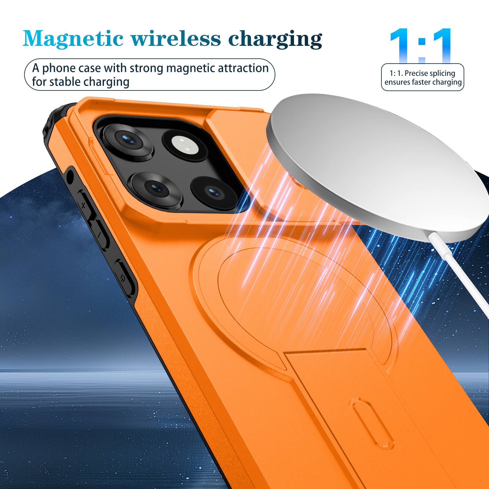 Magnetic wireless charging

A phone case with strong magnetic attraction for stable charging

1:1

1:1. Precise splicing ensures faster charging