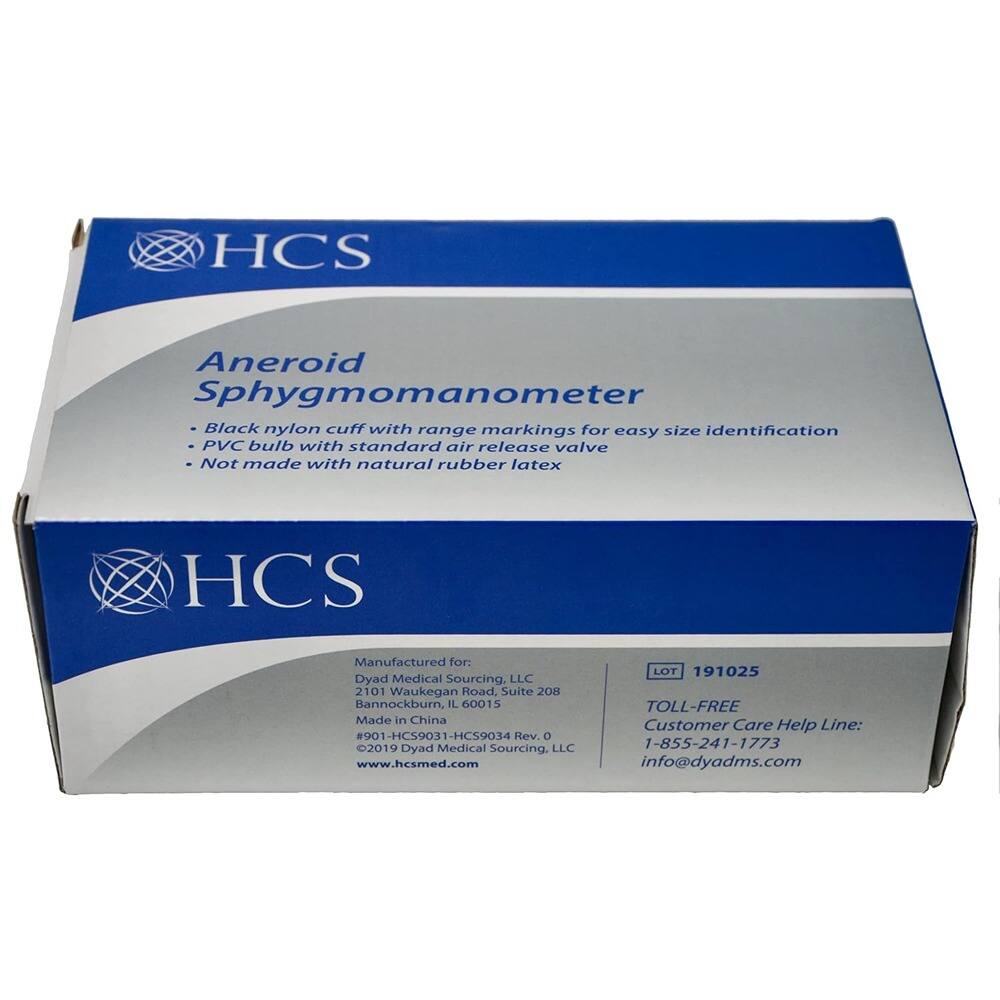 HCS Aneroid Sphygmomanometer  
- Black nylon cuff with range markings for easy size identification  
- PVC bulb with standard air release valve  
- Not made with natural rubber latex  

Manufactured for:  
Dyad Medical Sourcing, LLC  
2101 Waukegan Road, Suite 208  
Bannockburn, IL 60015  

Made in China  
#901 #901-HCS9031-HCS9034  
Rev. O 2019  

Dyad Medical Sourcing, LLC  
www.hcsmed.com  

LOT 191025  

TOLL-FREE Customer Care Help Line:  
1-855-241-1773  
info@dyadms.com