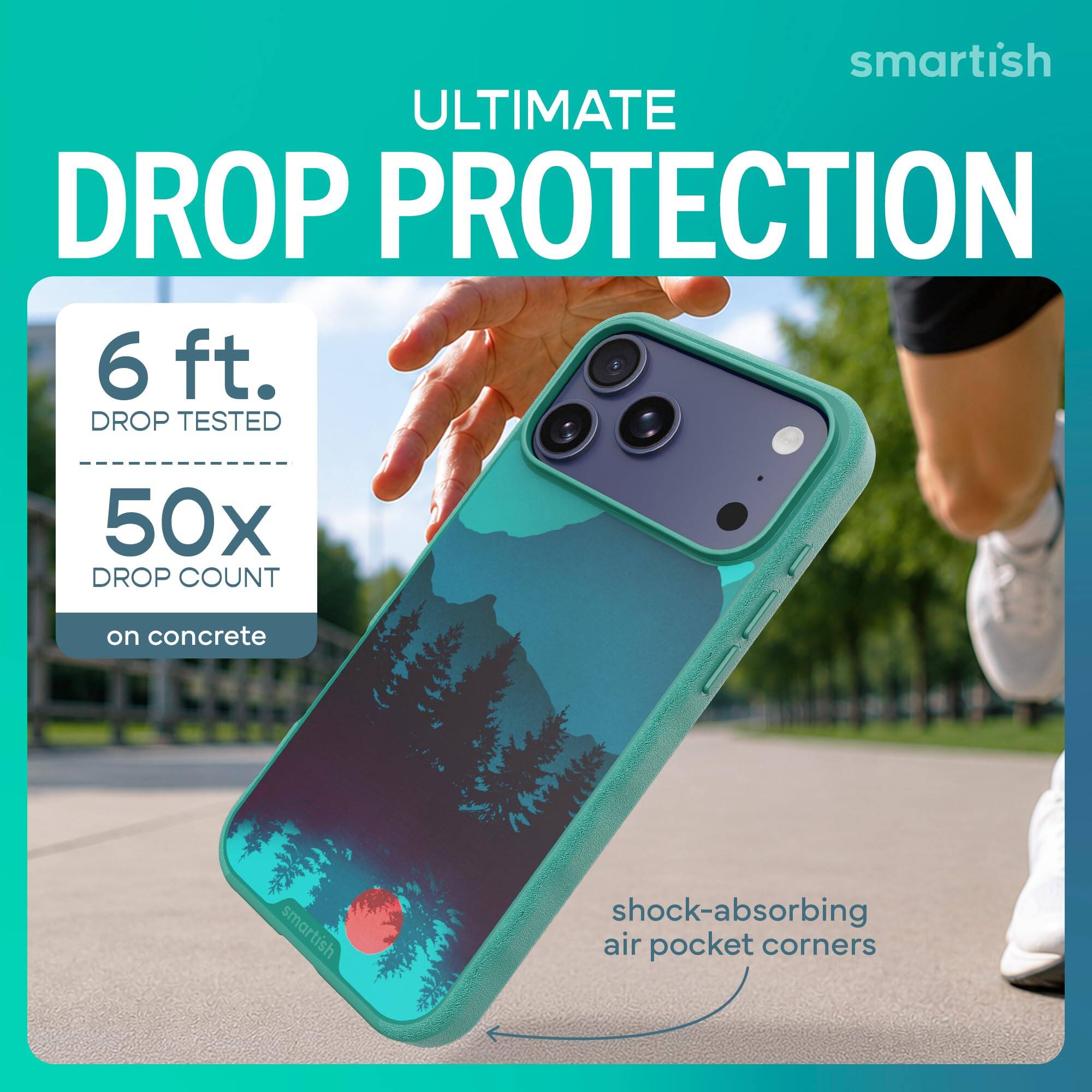 smartish ULTIMATE DROP PROTECTION  
6 ft. DROP TESTED  
50x DROP COUNT  
on concrete  
smartish  
shock-absorbing air pocket corners