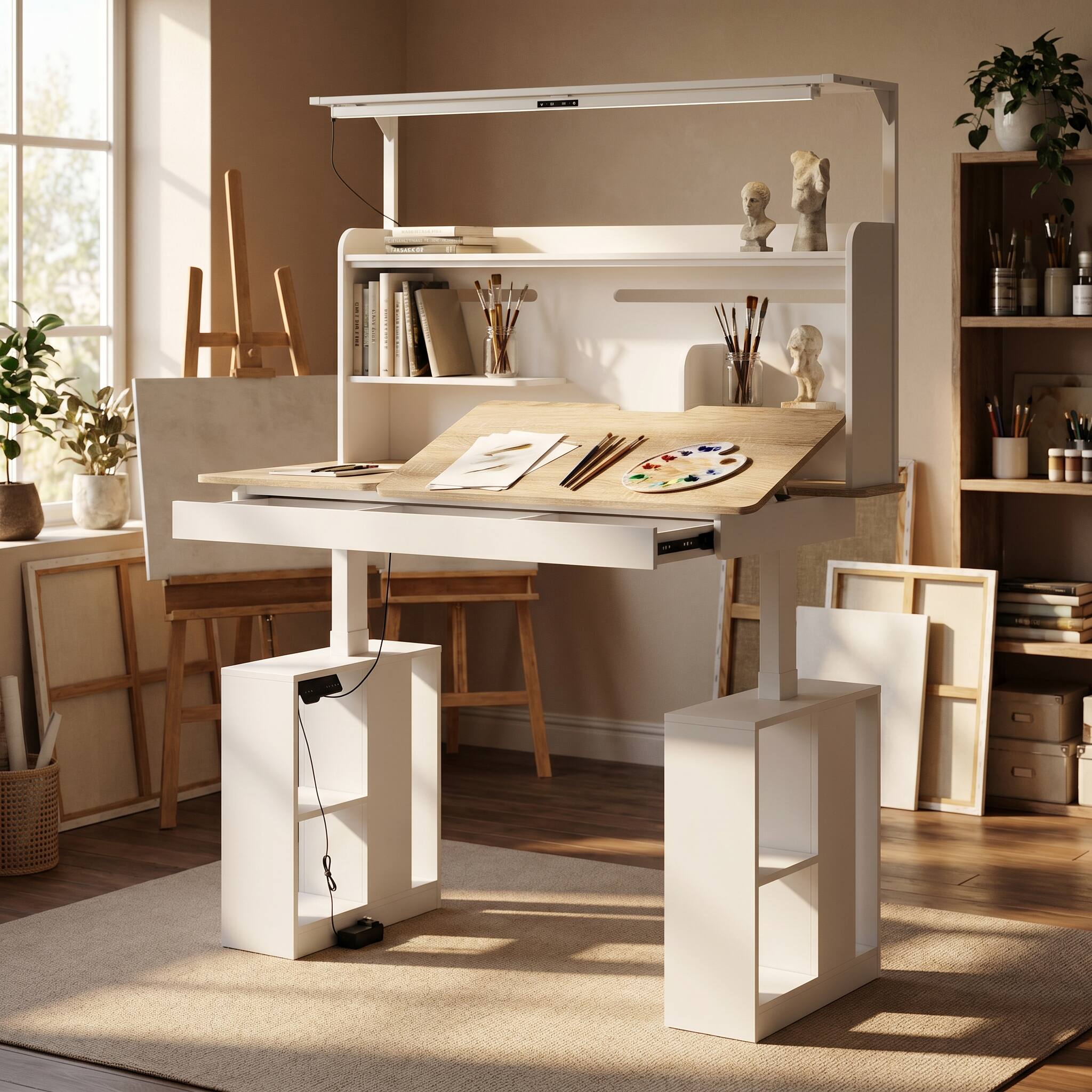 Angle. Famapy - Electric Standing Desk with Flip-Up Desktop, LED Eye-Care Light, Storage, 170 LBS, 29.8"-45.3", Study Workstation - White & Wooden.