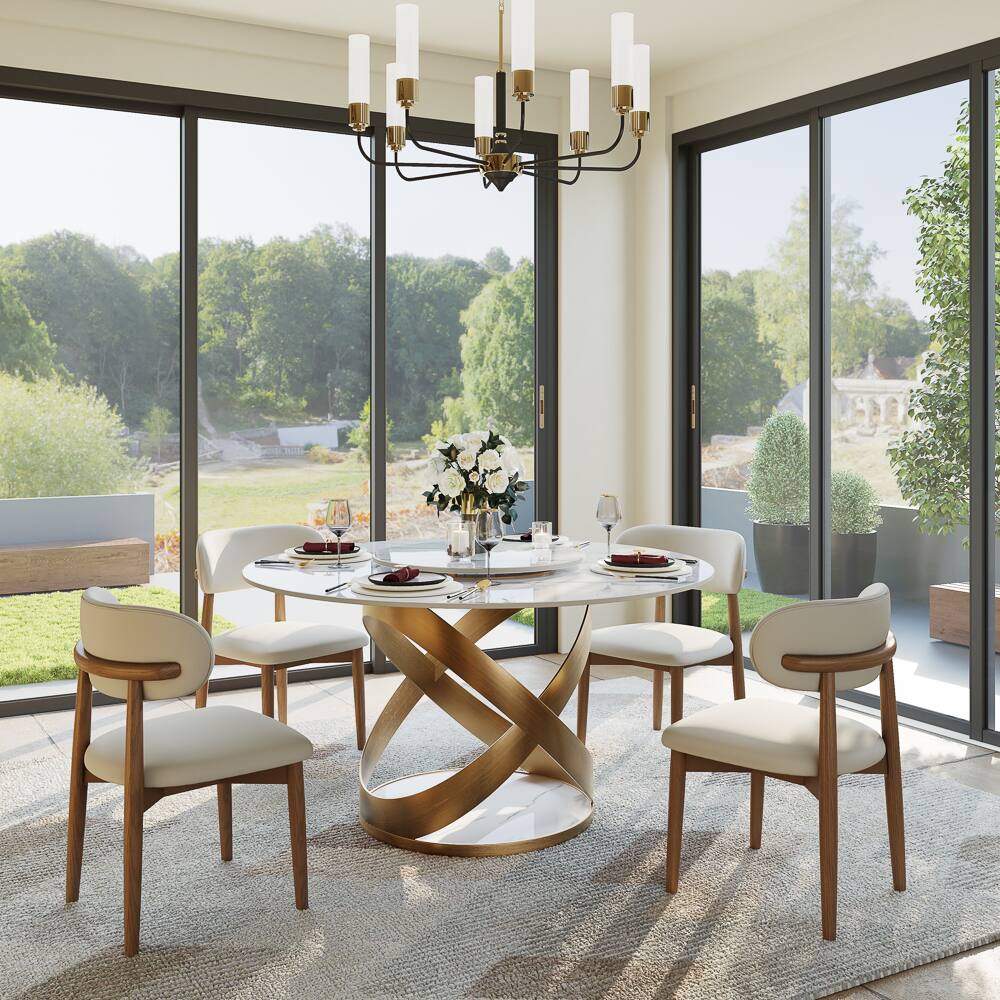 Angle. POVISON - 51" Modern White Dining Table for 4 with Lazy Susan, Glossy Round Sintered Stone Tabletop, Bronze X Carbon Steel Base - White Glossy Sintered Stone with Bronze.