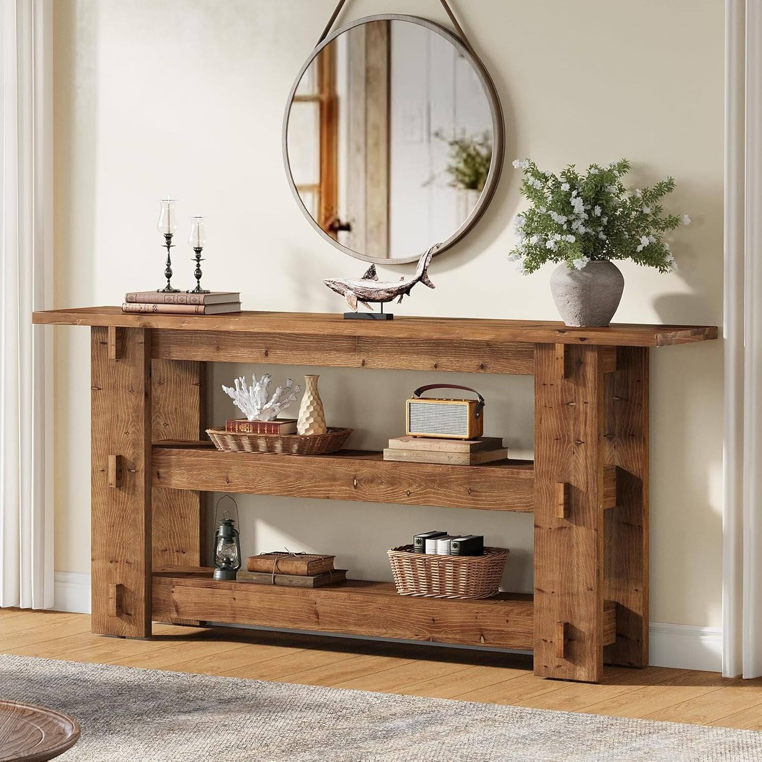 Alt View 3. Tribesigns - Farmhouse Solid Wood Console Table with Storage Shelves and Wood Grain Finish for Entryway and Hallway - Brown.