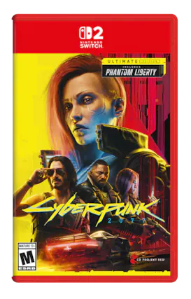 The text on the image reads: "2 Nintendo Switch. Ultimate Edition includes Phantom Liberty. Cyberpunk 2077. Mature 17+ - CD Projekt RED. ESRB." - M (Mature 17+)