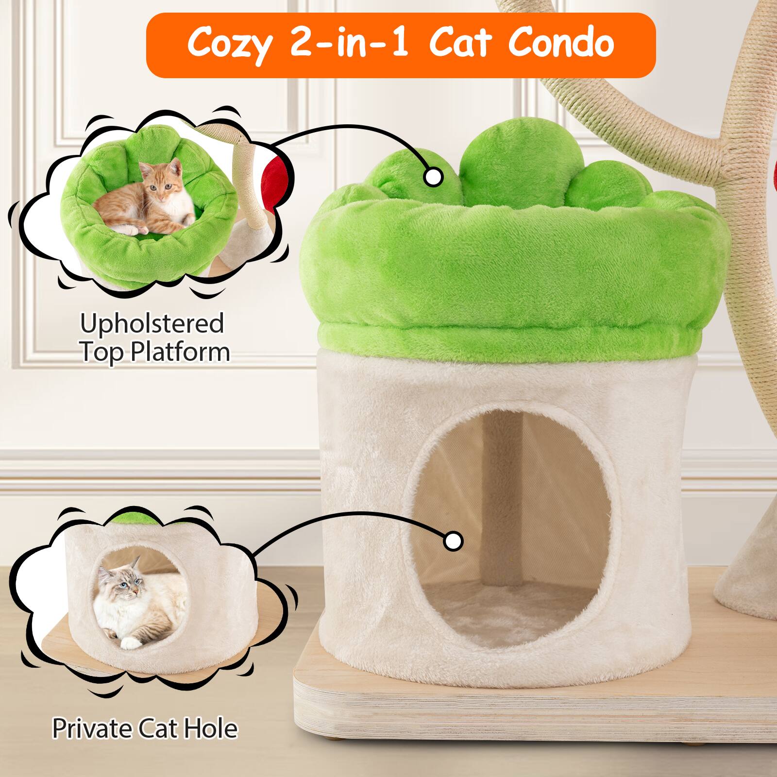 Cozy 2-in-1 Cat Condo

1 Cat Condo

Upholstered Top Platform

Private Cat Hole