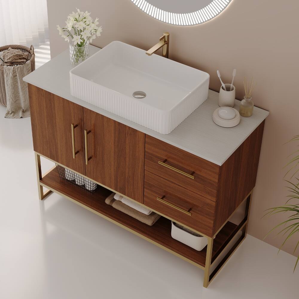 Alt View 2. Loheer - Loheer 36 inch modern bathroom vanity with ceramic vessel sink, gold accent freestanding cabinet, walnut - Walnut, Gold, White.