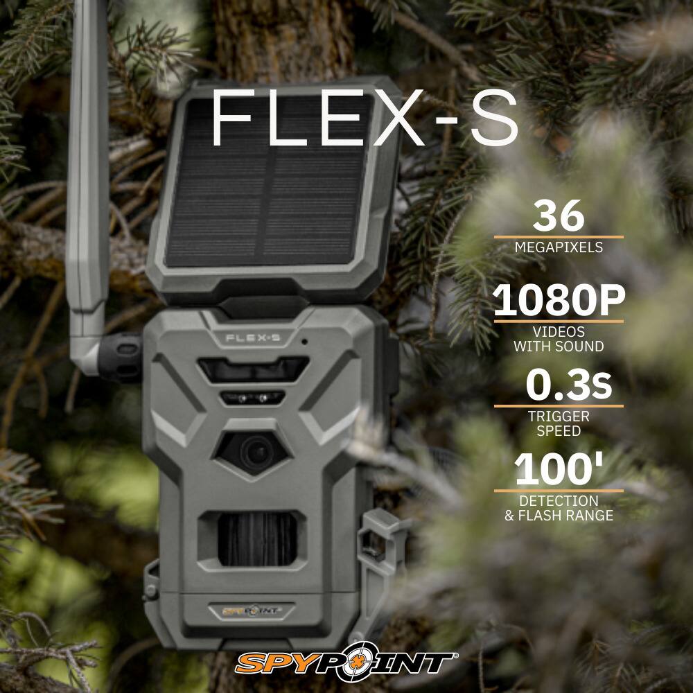 FLEX-S

36 MEGAPIXELS

1080P VIDEOS WITH SOUND

0.3s TRIGGER SPEED

100' DETECTION & FLASH RANGE

SPYPOINT INT