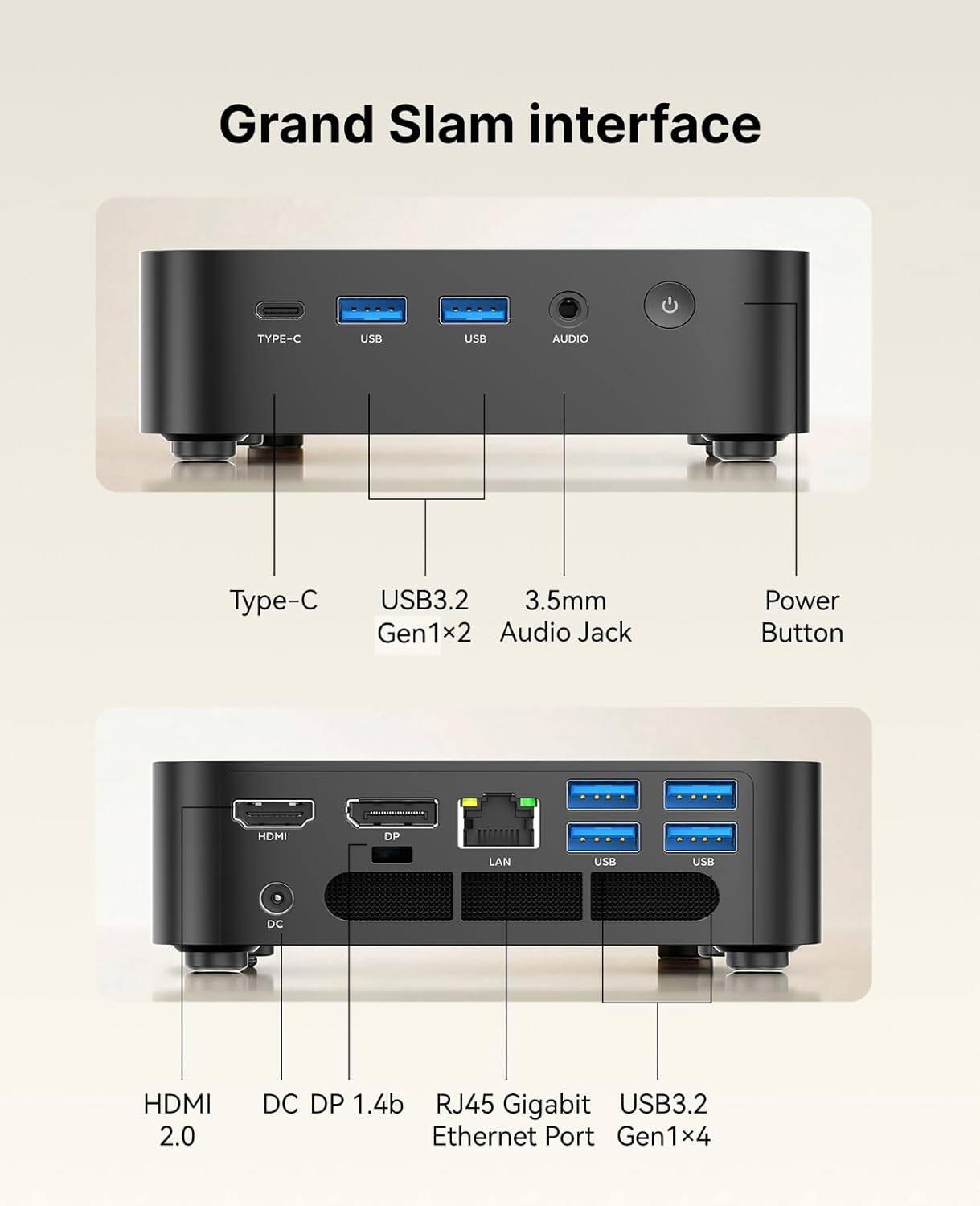 Grand Slam interface

- Type-C
- USB3.2 Gen1x2
- 3.5mm Audio Jack
- Power Button

- HDMI 2.0
- DC DP 1.4b
- RJ45 Gigabit Ethernet Port
- USB3.2 Gen1x4