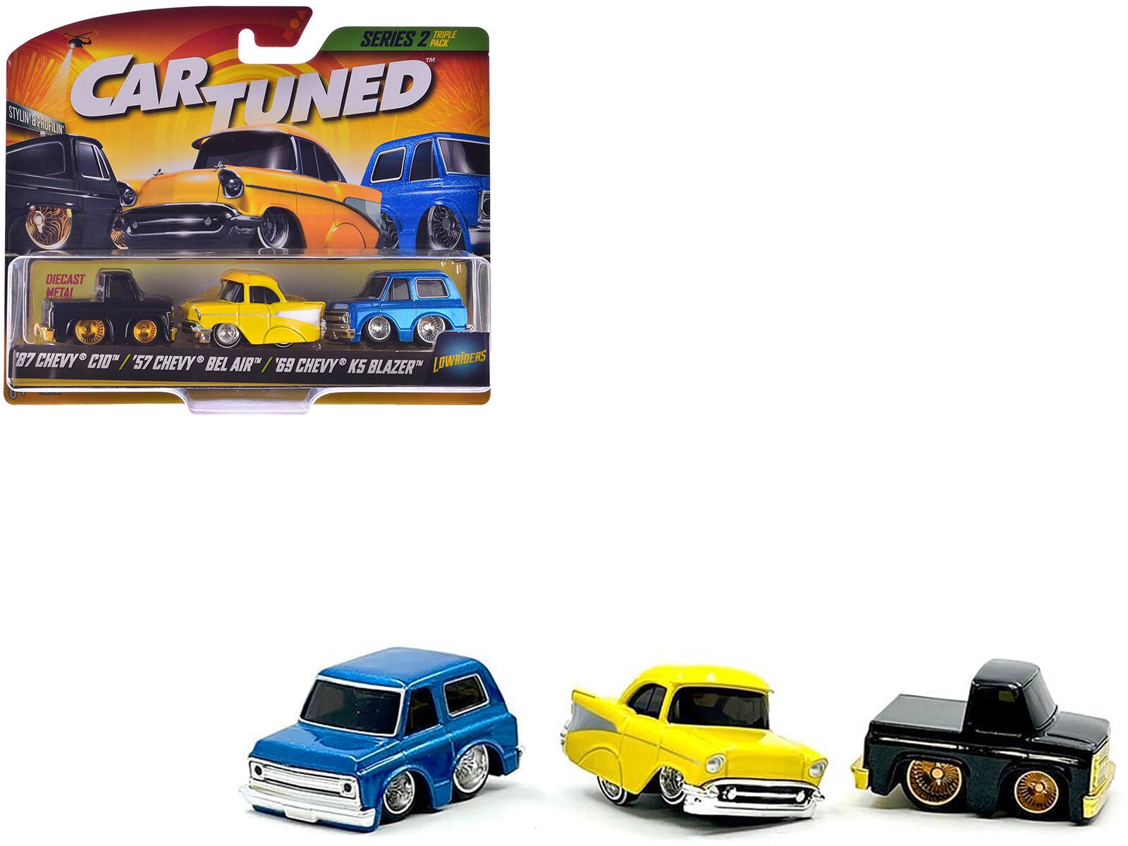 Series 2 Triple Pack
Cartuned
Stylized & Proellic
Diecast
MFTAI
'87 Chevy C10 / '57 Chevy Bel Air / '69 Chevy K5 Blazer
Lowriders