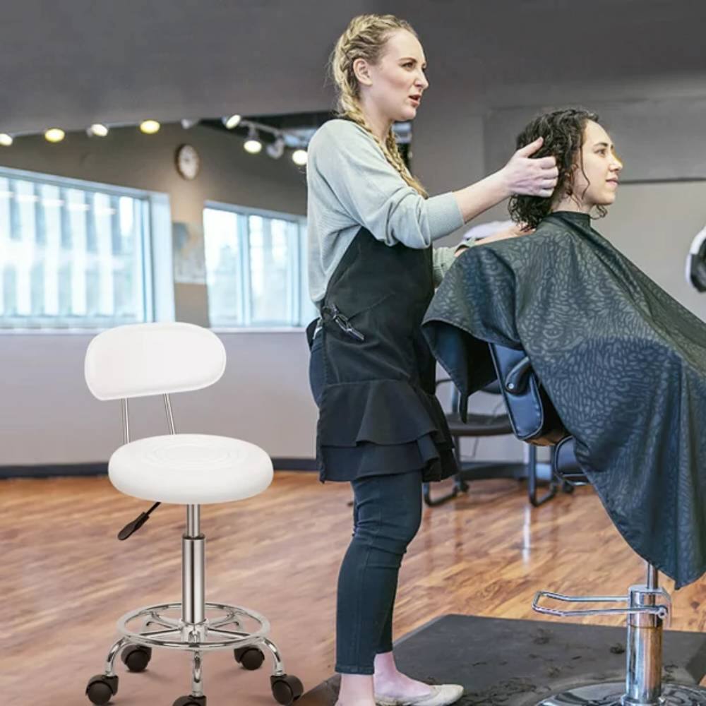 Back. Winado - Rolling Garage Stool Adjustable Mechanic Work Shop Seat Salon Swivel Chair Office Leather Chair with Backrest for Barber - White.