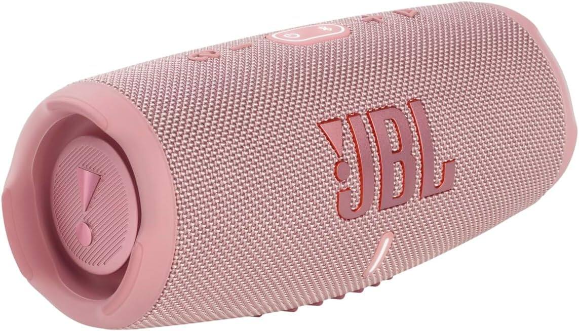 Angle. JBL - JBL Charge 5 Portable Waterproof Bluetooth Speaker with Winguard Travel Case (Pink) - Pink.