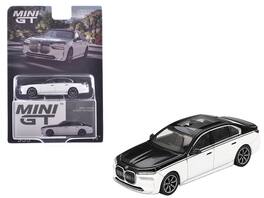 BMW i7 xDrive60 Dravit Alpine Sapphire Limited Edition 1/64 Diecast Model Car by Mini GT - White And Black