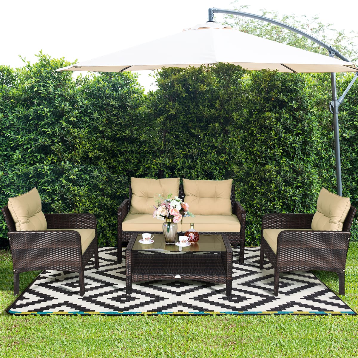 Front. Costway - Costway 4PCS Patio Rattan Furniture Set Loveseat Sofa Coffee Table Garden W/ Cushion - as pic.