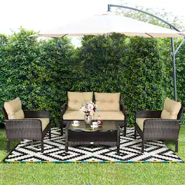Costway - 4PCS Patio Rattan Furniture Set Loveseat Sofa Coffee Table Garden W/ Cushion - as pic