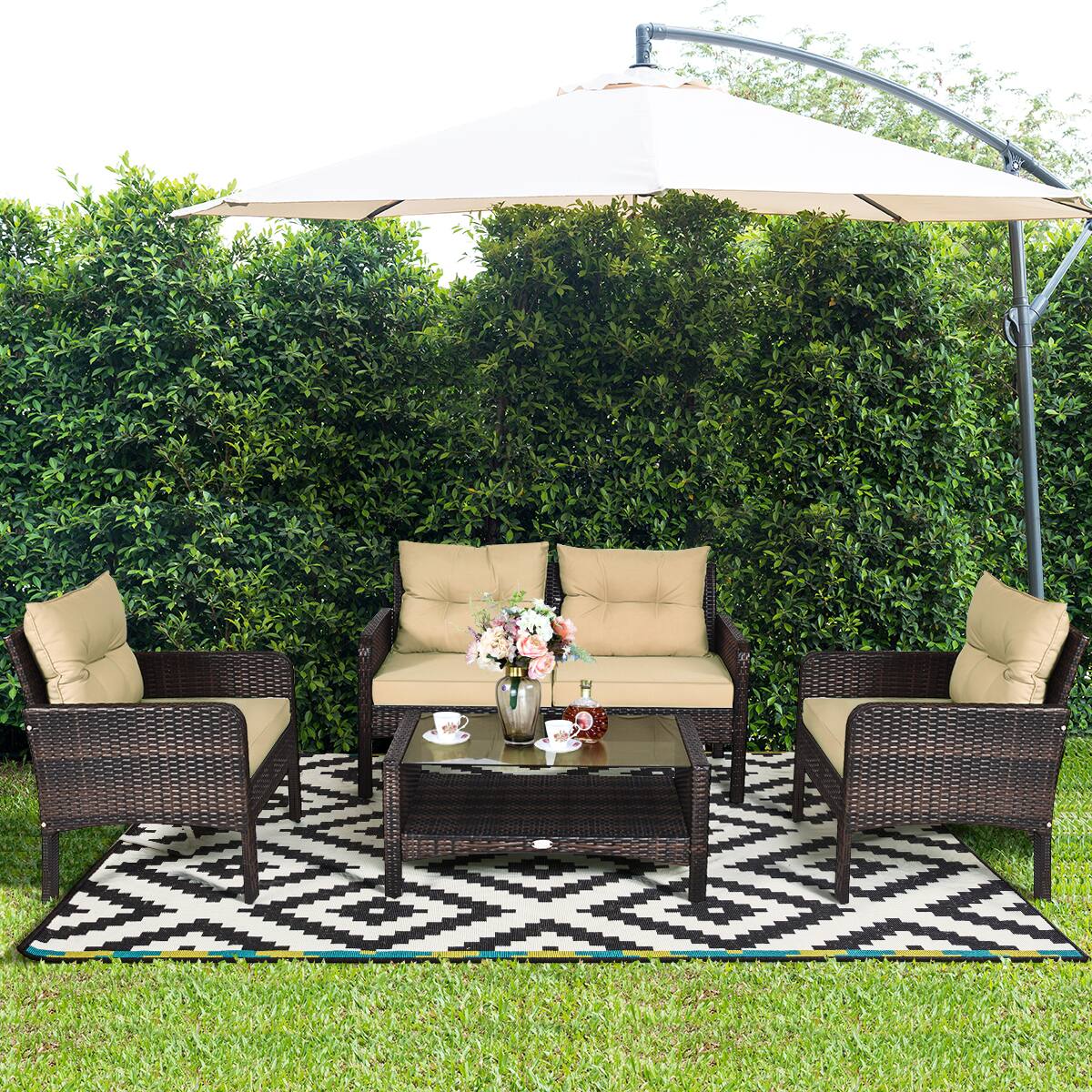Alt View 1. Costway - Costway 4PCS Patio Rattan Furniture Set Loveseat Sofa Coffee Table Garden W/ Cushion - Brown.