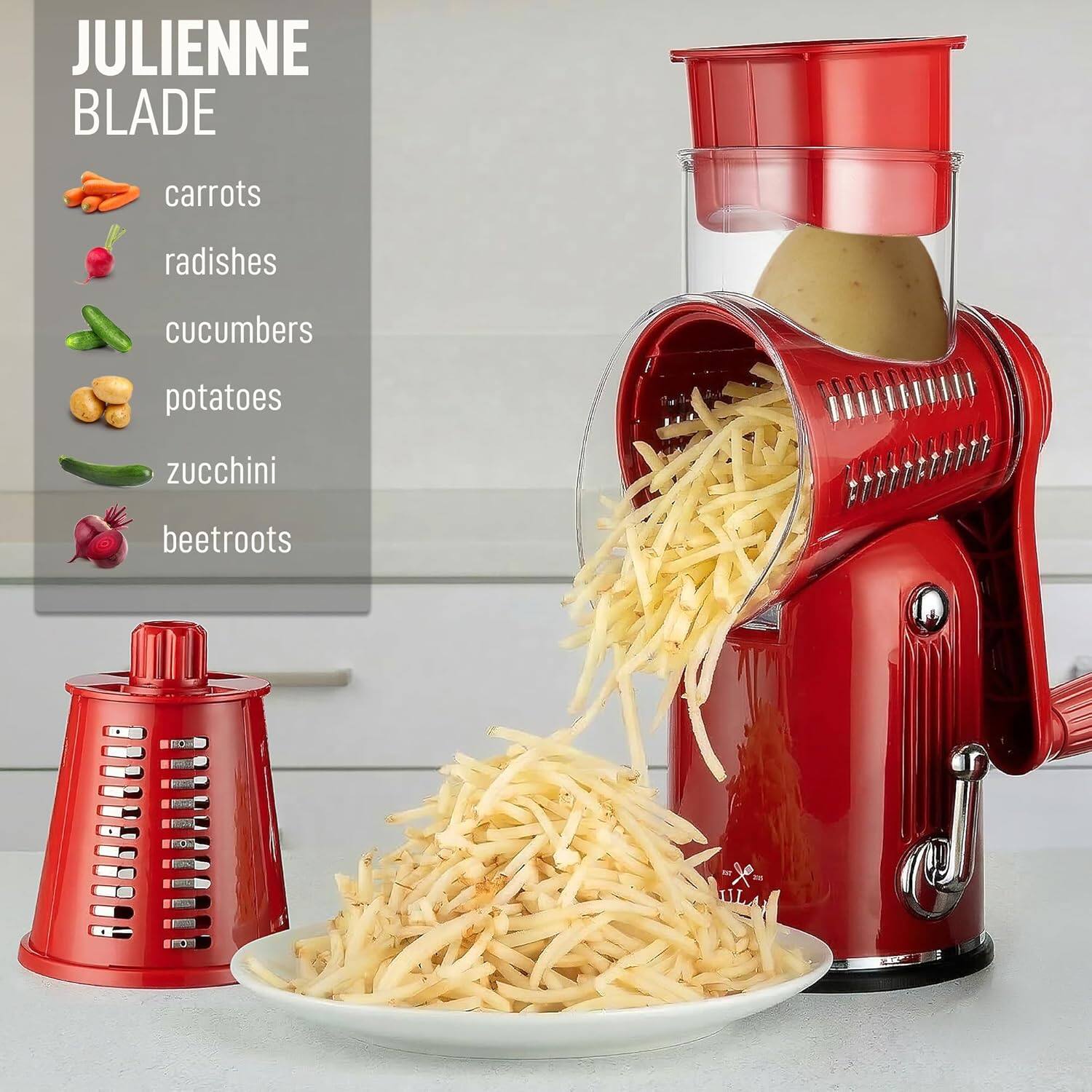 JULIENNE BLADE

- carrots
- radishes
- cucumbers
- potatoes
- zucchini
- beetroots