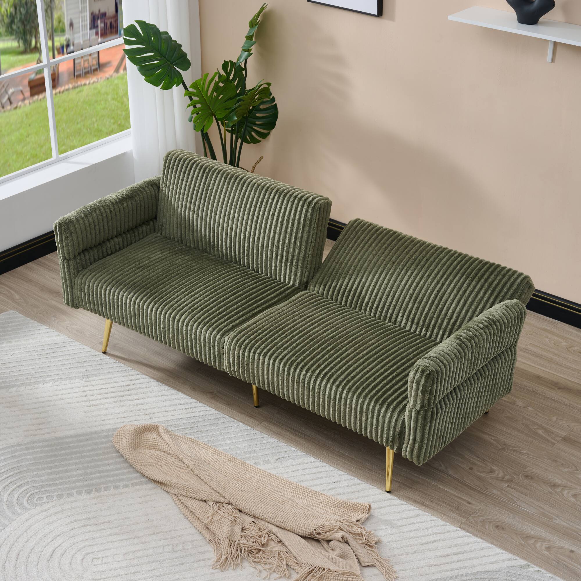 Back. GOODSILO - Foldable Corduroy Sofa Bed with Adjustable Armrests for Living Rooms and Compact Spaces - Green.