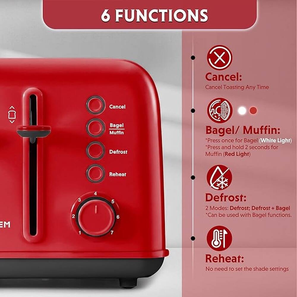 6 FUNCTIONS

Cancel: Cancel Toasting Any Time

Bagel/ Muffin: *Press once for Bagel (White Light) *Press and hold 2 seconds for Muffin (Red Light)

Defrost: 2 Modes: Defrost; Defrost + Bagel *Can be used with Bagel functions.

Reheat: No need to set the shade settings