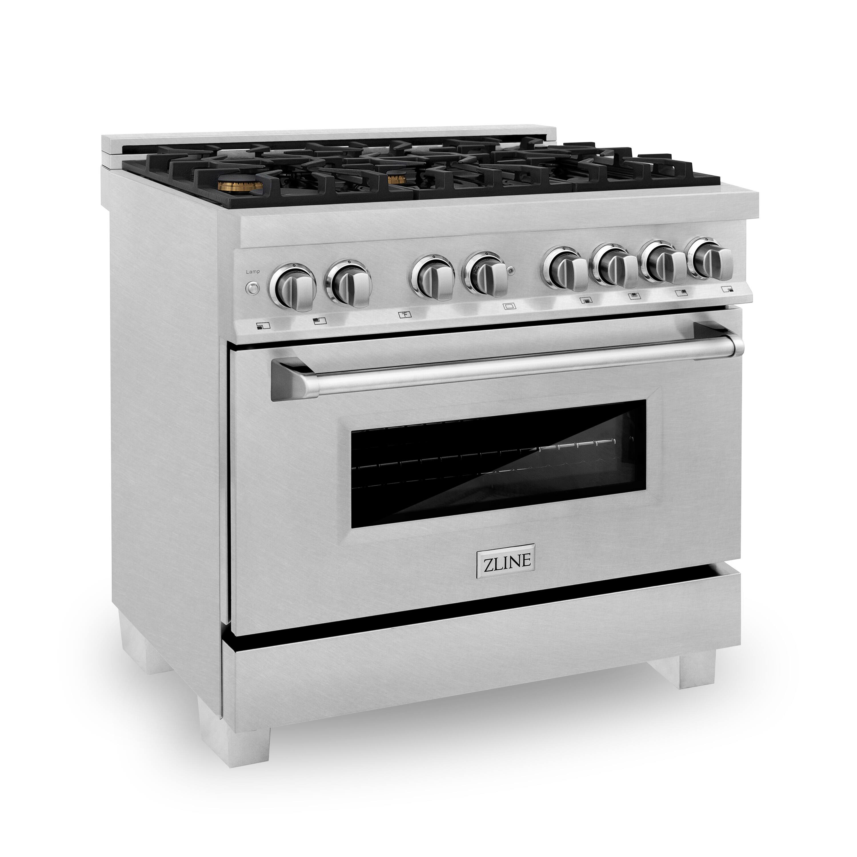 Left. ZLINE - ZLINE 36 in. Legacy Dual Fuel Range with 6 Brass Burners (RAS-SN-BR-36) - Satin Stainless Steel.