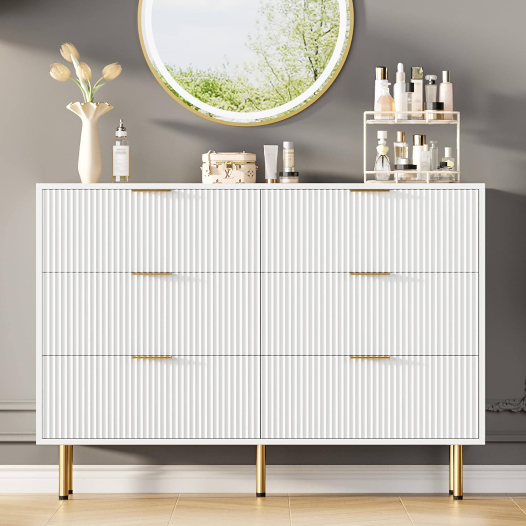 Front. Babevy - Fluted 6 Drawer Wood Dresser for Bedroom, Large Modern Chest of Drawers with Faux Marble Top - White.