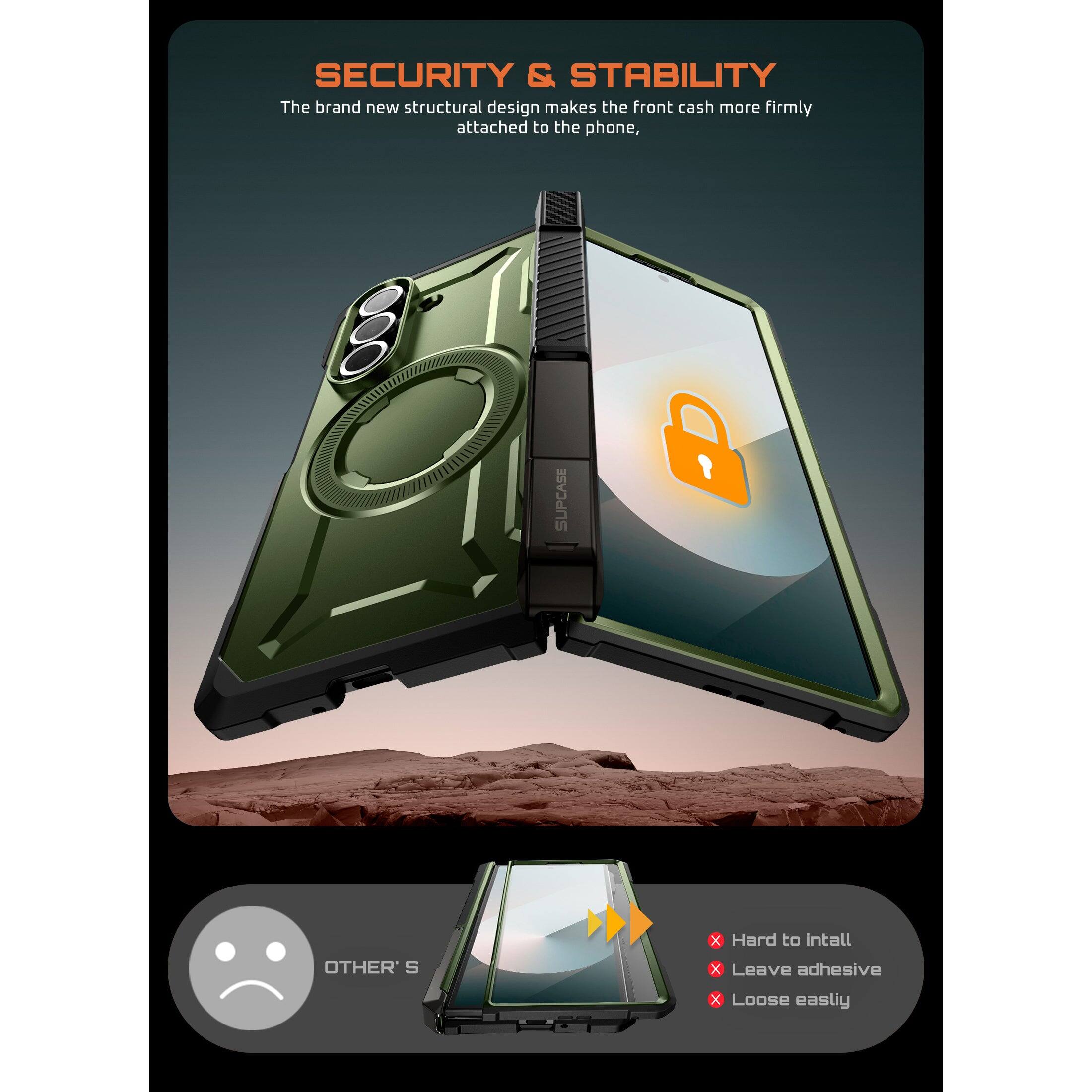 SECURITY & STABILITY
The brand new structural design makes the front cash more firmly attached to the phone,
OTHER'S
x Hard to intall
x Leave adhesive
x Loose easlly