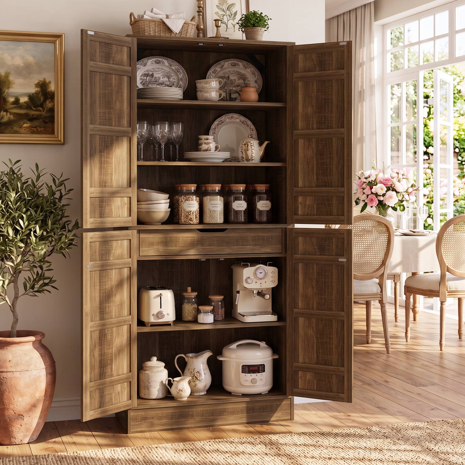 Left. Aheaplus - 70'' Tall Kitchen Pantry Cabinet with Drawer and Adjustable Shelves, 4 Barn Door Pantry for Dining, Kitchen - Weathered Brown.