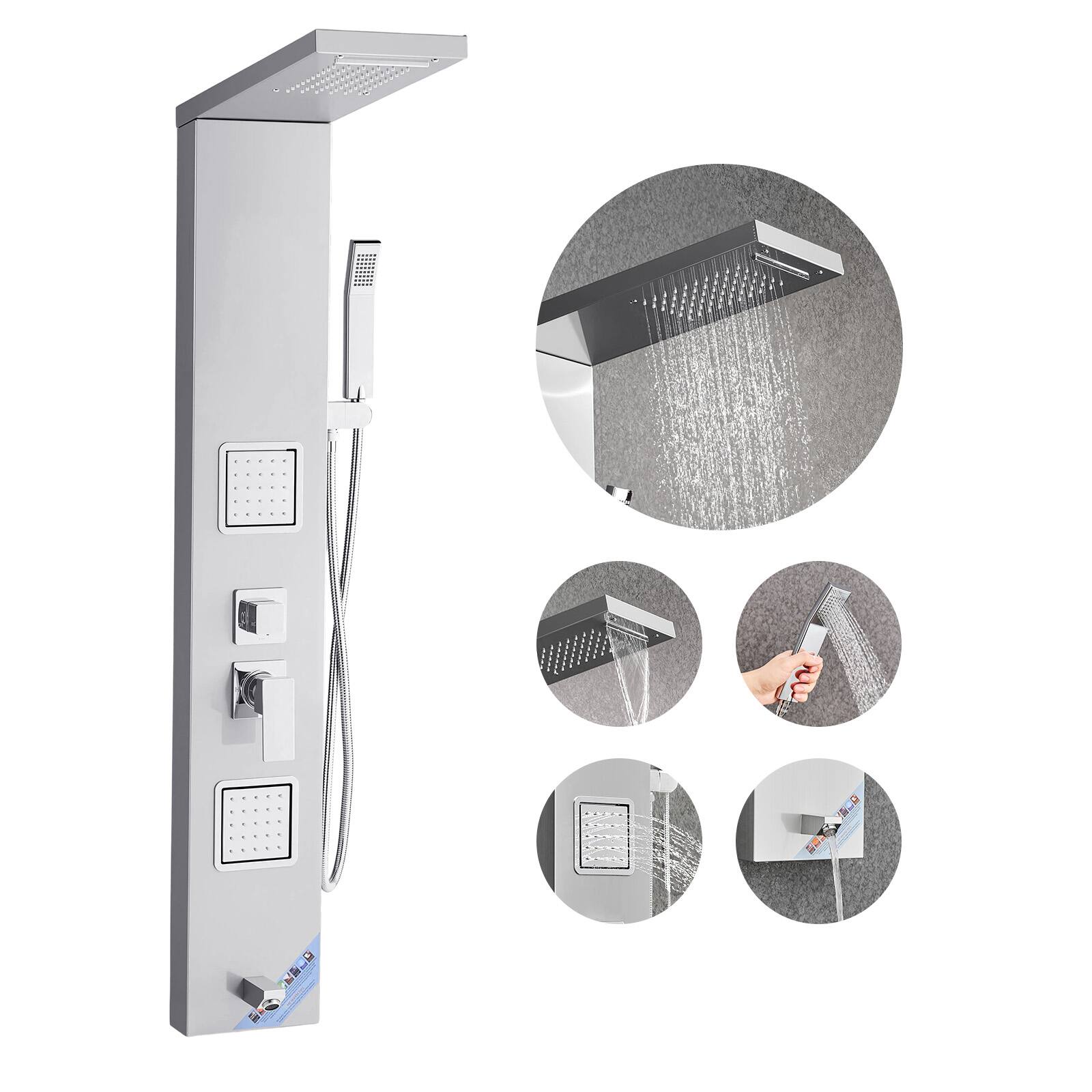 Front. VEVOR - Shower Panel Tower System,Rainfall Waterfall Shower Head, 53 in Brushed Stainless Steel Shower Column, 5-Function Faucet - Silver.