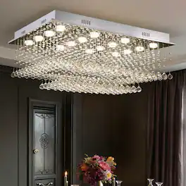 Siljoy - 35.4" Luxury Rectangular K9 Crystal Flush Mount Light, Modern Waterfall Chandelier for Living Room Dining Foyer - Chrome