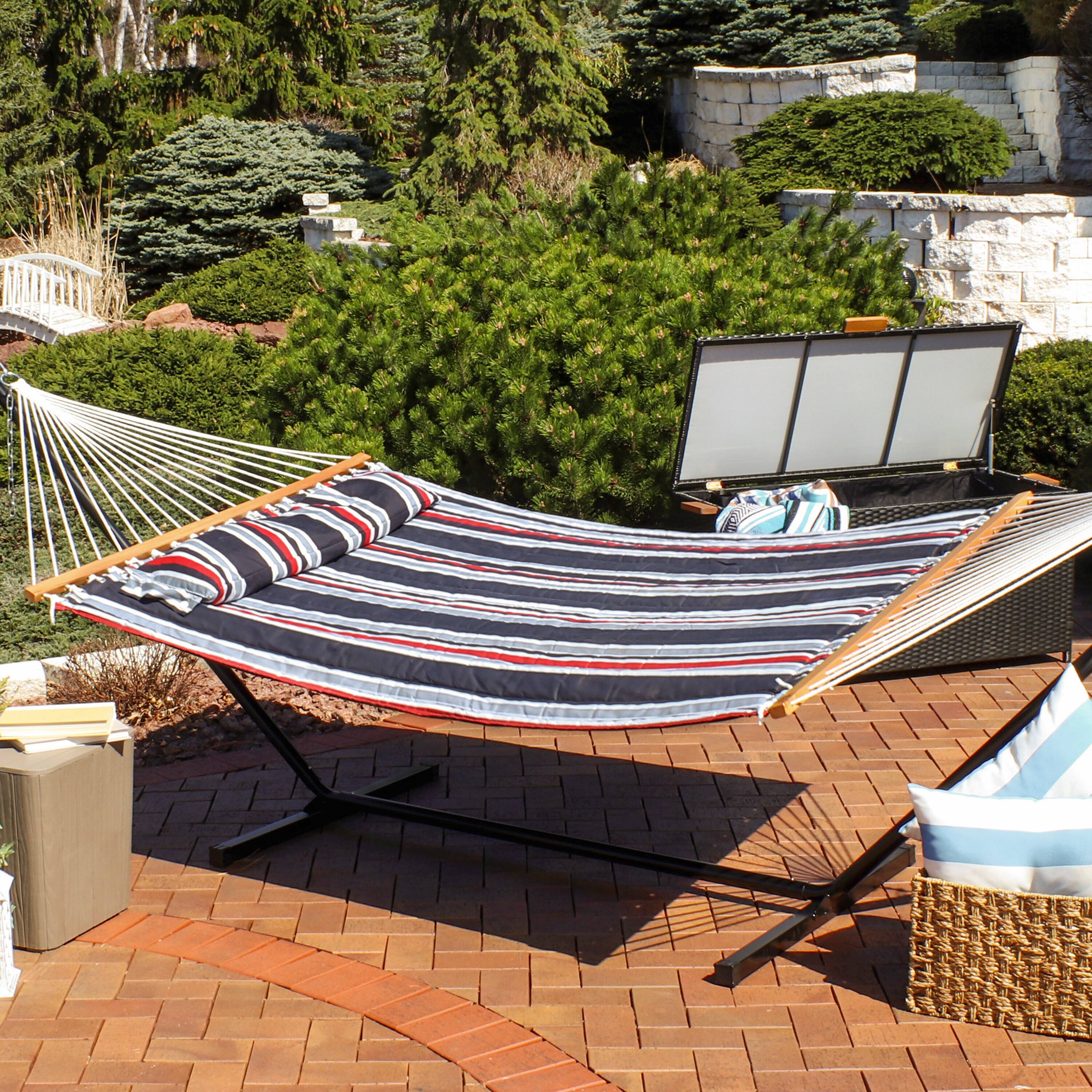 Alt View 5. Sunnydaze - Large Quilted Fabric Hammock with Steel Stand - Nautical Stripe.