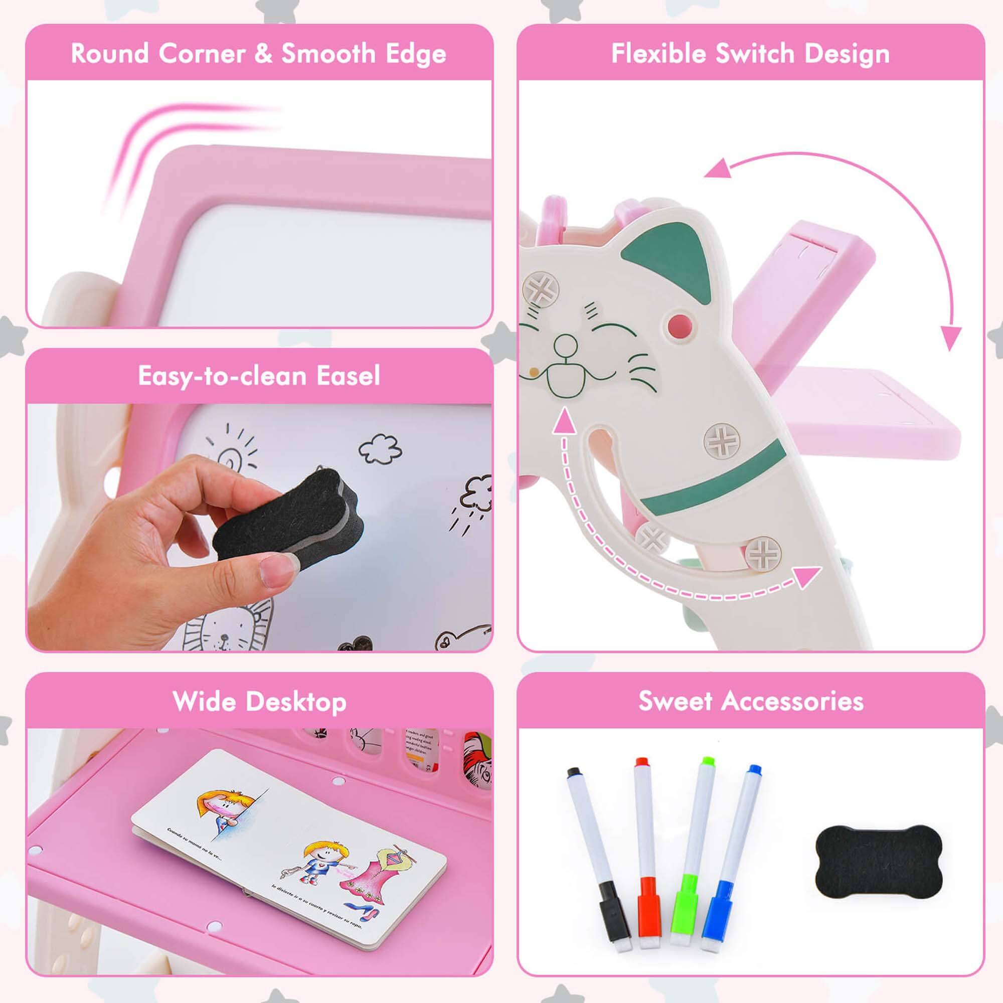 The text on the image is grouped and corrected as follows:

1. Round Corner & Smooth Edge Flexible Switch Design
2. Easy-to-clean Easel
3. Wide Desktop
4. Sweet Accessories