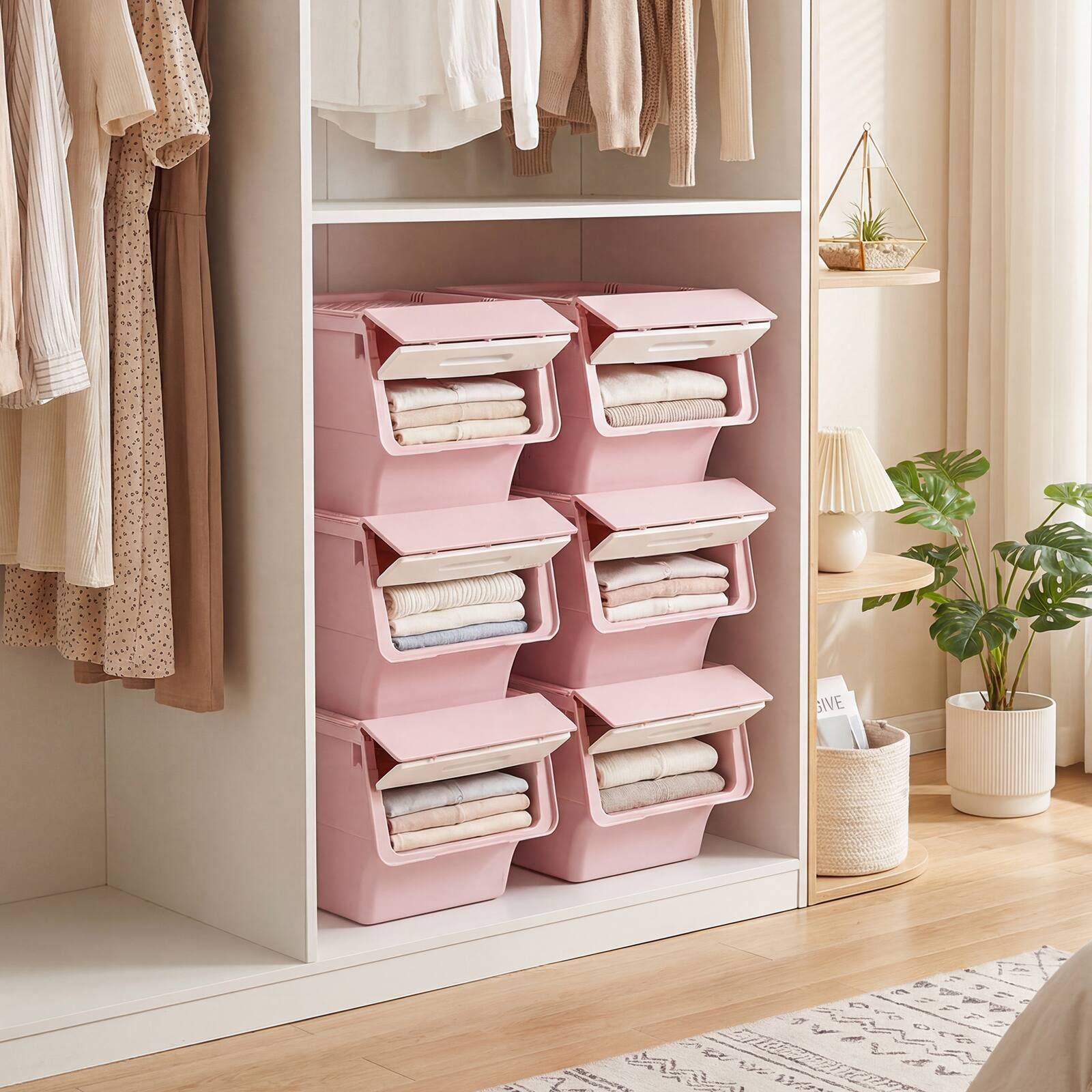 Alt View 4. Costway - Costway 6PCS Storage Bins on Wheels with Stay-Open Lid for Kitchen Bedroom Laundry Closet - White + Pink.