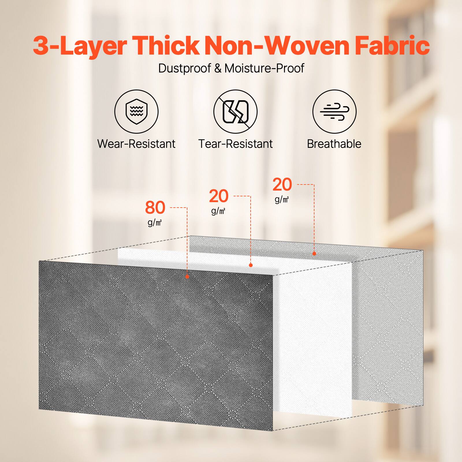 3-Layer Thick Non-Woven Fabric  
Dustproof & Moisture-Proof  

- Wear-Resistant  
- Tear-Resistant  
- Breathable  

80 g/m²  
20 g/m²  
20 g/m²