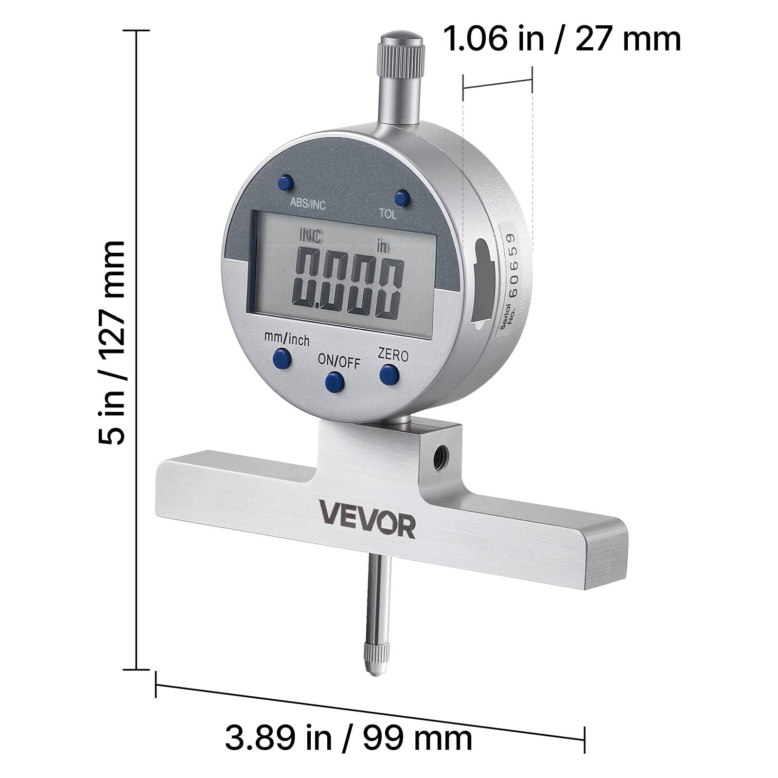 1.06 in / 27 mm  
5 in / 127 mm  
3.89 in / 99 mm  

ABS/INC  
INC  
mm/inch  
ON/OFF  
ZERO  

60659  
L0  
N0  

VEVOR