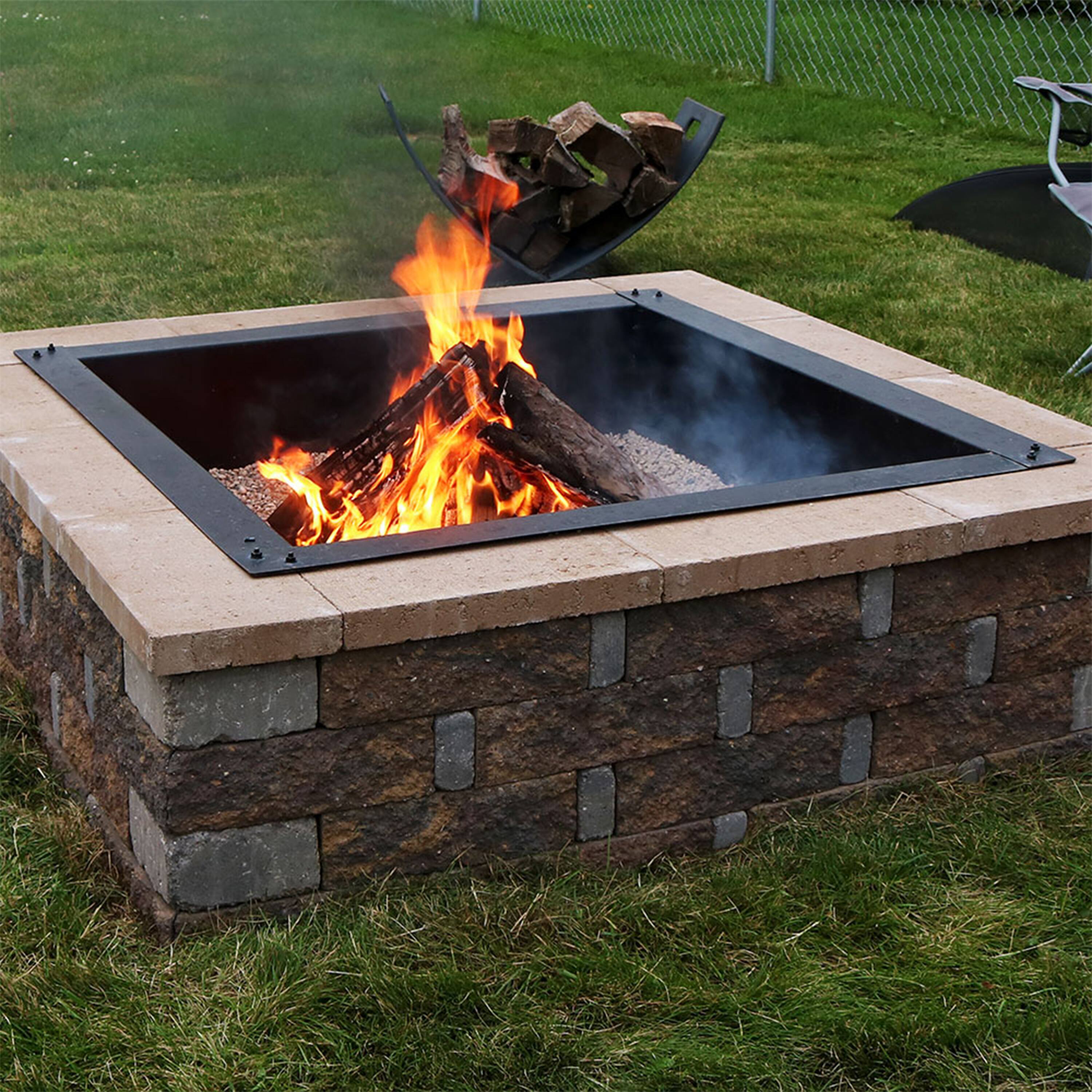 Alt View 3. Sunnydaze - 30 in Heavy-Duty Steel Above/In-Ground Square Fire Pit Rim Liner - Black.