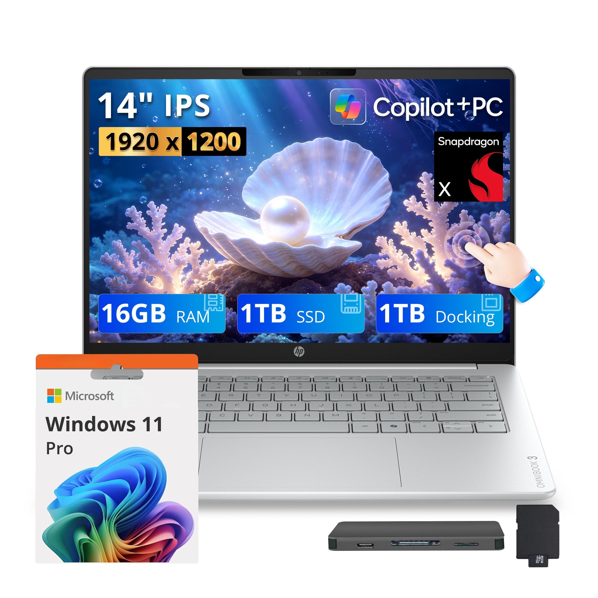 HP - Upgraded - OmniBook 3 14" 2K Touch Laptop,Snapdragon X X1-26-100,16GB RAM,1TB SSD+1TB Dock Set,FHD IR Camera,Win 11 Pro - Silver