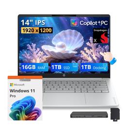 HP - Upgraded - OmniBook 3 14" 2K Touch Laptop,Snapdragon X X1-26-100,16GB RAM,1TB SSD+1TB Dock Set,FHD IR Camera,Win 11 Pro - Silver