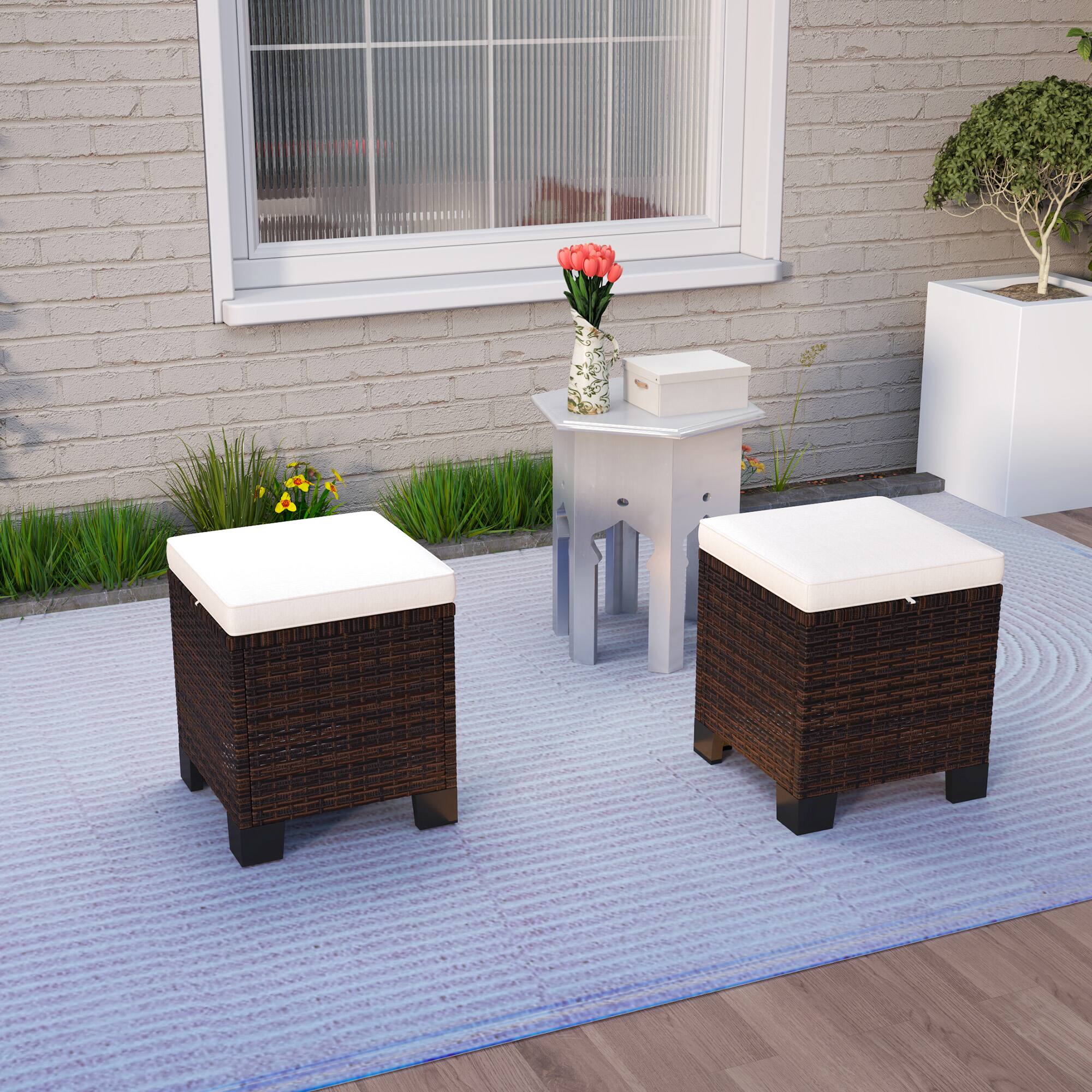 Alt View 1. Outsunny - Piece Wicker Outdoor Ottomans with Cushions, Rattan Ottoman Footrest and Side Table for Patio, Yard - Beige.