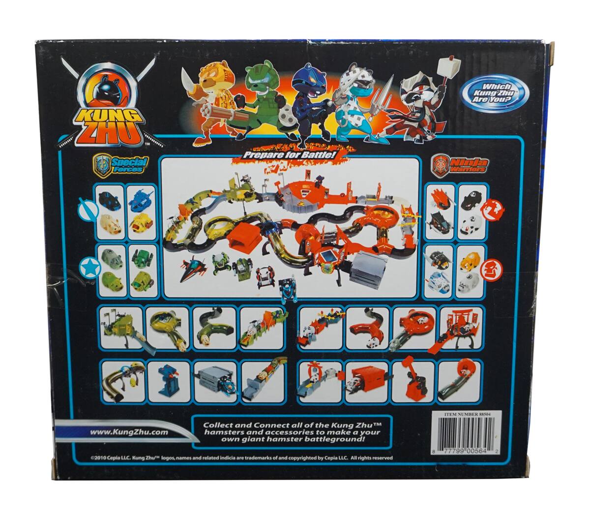 KUNG ZHU Special Forces Prepare for Battle!  
Which Kung Zhu Are You?  
Ninja Warriors  

Collect and Connect all of the Kung Zhu™ hamsters and accessories to make your own giant hamster battleground!  

www.KungZhu.com  

©2019 Cepia LLC. Kung Zhu™ logos, names and related indicia are trademarks of and copyrighted by Cepia LLC. All rights reserved.  

ITEM NUMBER: R554  
77799-00564
