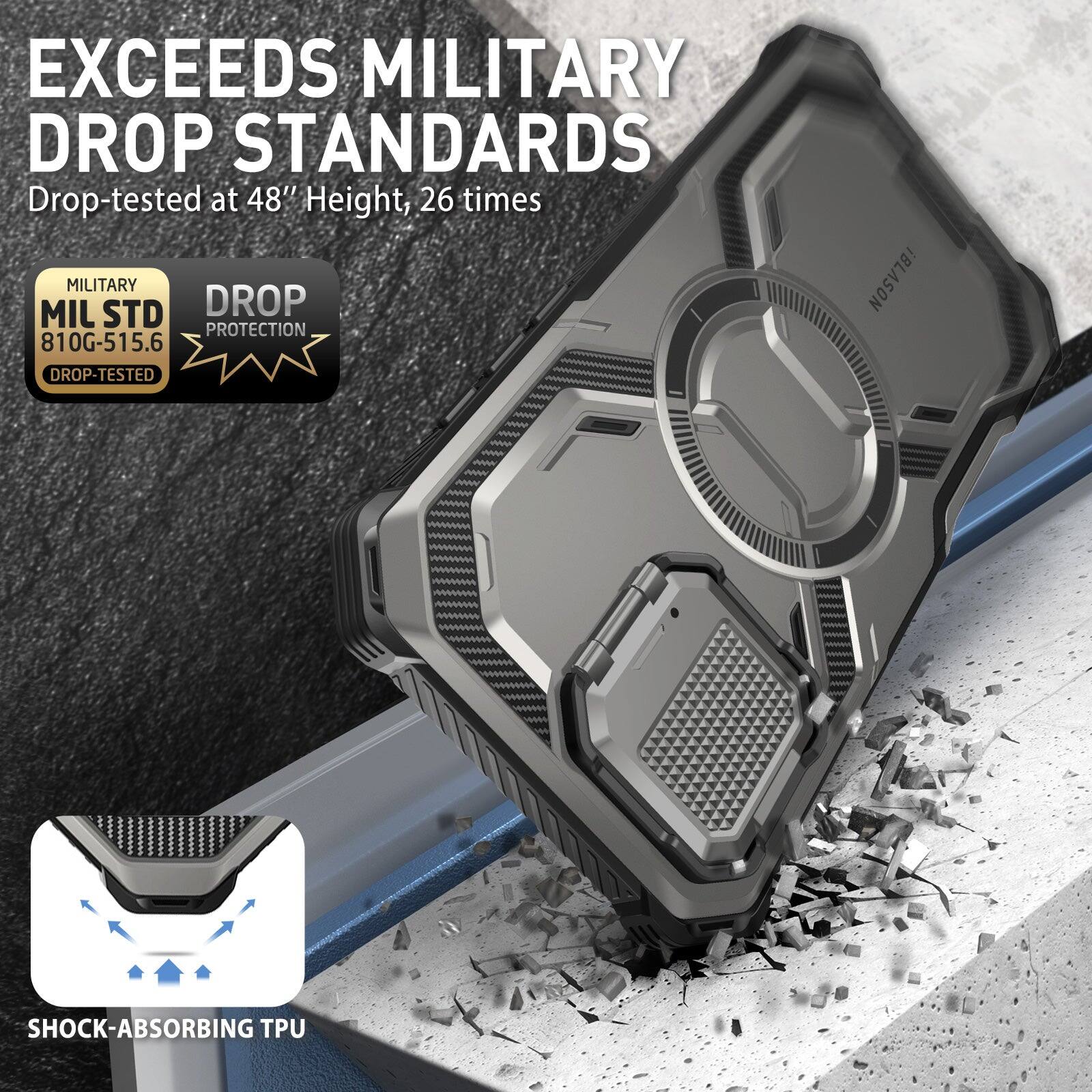 EXCEEDS MILITARY DROP STANDARDS

Drop-tested at 48" Height, 26 times

MILITARY MIL STD 810G-515.6 DROP-TESTED

DROP PROTECTION

SHOCK-ABSORBING TPU